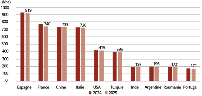 Figure 1. Superficie du vignoble -en milliers d’ha- des 10 principaux pays viticoles et évolution 2024-2025.