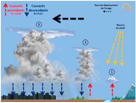 Schéma simple de formation d’un orage monocellulaire (Source : Météo Centre).